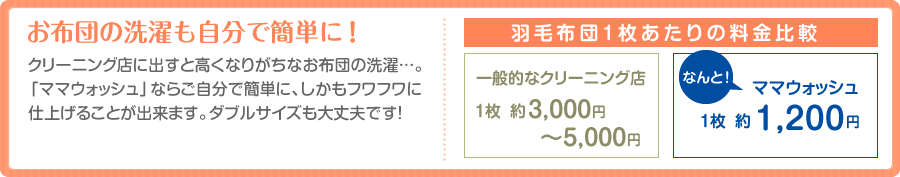 お布団の洗濯も自分で簡単に！ クリーニング店に出すと高くなりがちなお布団の洗濯…。「ママウォッシュ」ならご自分で簡単に、しかもフワフワに仕上げることが出来ます。ダブルサイズも大丈夫です！